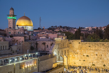 Dome of the Rock and the West Wall in Jerusalem at night