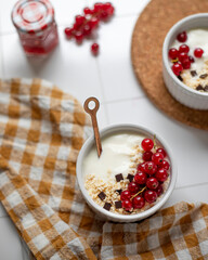 breakfast granola with red currant berries and jam.