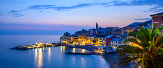 Night Panorama. Coast of Liguria. Mediterranean. Bogliasco village at night. Italy.