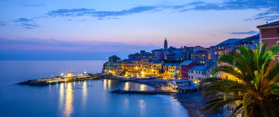 Deurstickers Liguria Nachtpanorama. Kust van Ligurië. Middellandse Zee. Bogliasco-dorp bij nacht. Italië.