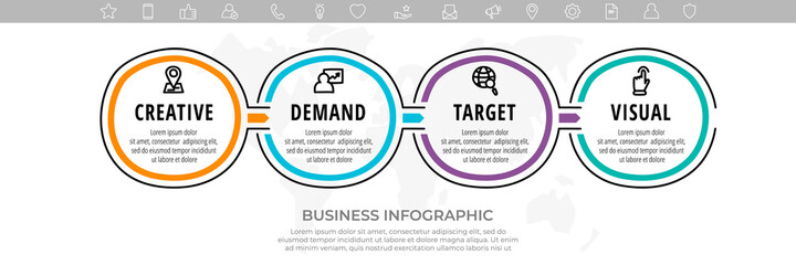 Hand drawn vector minimal line infographics with circles and icons. Business timeline 4 steps by step. Flat template with four ways for chart, diagram, flowchart, app, graphic