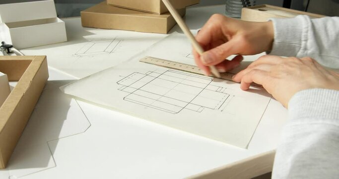 The designer draws sketches of cardboard packaging on paper. The artist develops the design of the boxes.