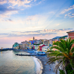 Coast of Liguria. Mediterranean Sea. Bogliasco village at sunset, Italy. - 465056434