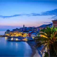 Fototapeta na wymiar Night Panorama. Coast of Liguria. Mediterranean. Bogliasco village at night. Italy.