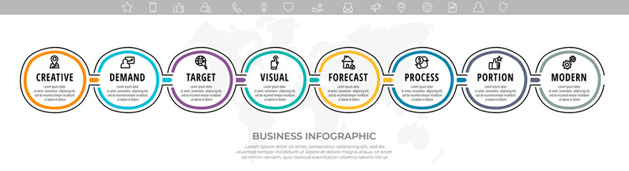 Hand drawn vector minimal line infographics with circles and icons. Business timeline eight steps by step. Flat template with 8 ways for chart, diagram, flowchart, app, graphic
