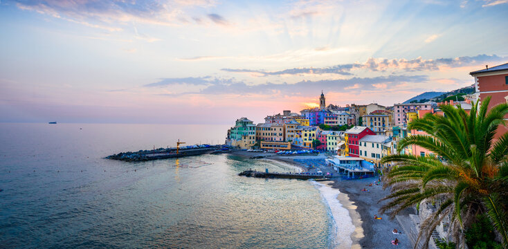 Panorama Coast of Liguria. Mediterranean Sea. Bogliasco village at sunset, Italy.