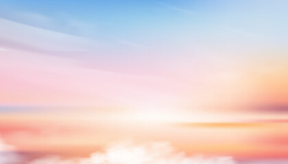 Colorful dust sky with clouds in pastel tone on blue,pink,purple,yellow,orange in morning background,beautiful sunset sky on autumn,spring,summer,winter,Vector illustration sweet holiday backdrop