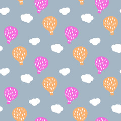 Seamless pattern with balloons and clouds on a gray background - Vector background for your design