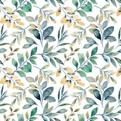 Fotobehang Wit Geel groene bladeren aquarel naadloos patroon