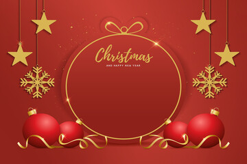 Fototapeta na wymiar christmas and happy new year background with festive decoration. red stage. vector illustration