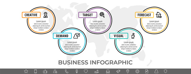 Naklejka premium Vector minimal line infographics with circles. Hand-drawn business timeline 5 steps by step. Flat template with five ways for chart, diagram, flowchart, app