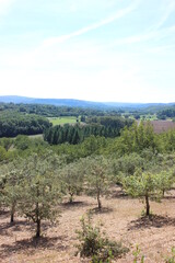 Fototapeta na wymiar Beautiful wide view over the French mountainous landscape of the Dordogne. Photo was taken on a hot day in summer.