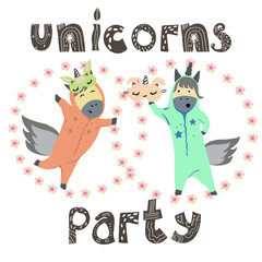 Two unicorns in a circle of flowers, a pajama party, pastel colors.
