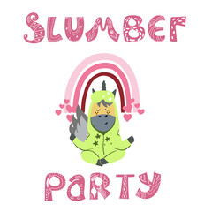 Sleepy party lettering with unicorn sitting in lotus position, pink rainbow.