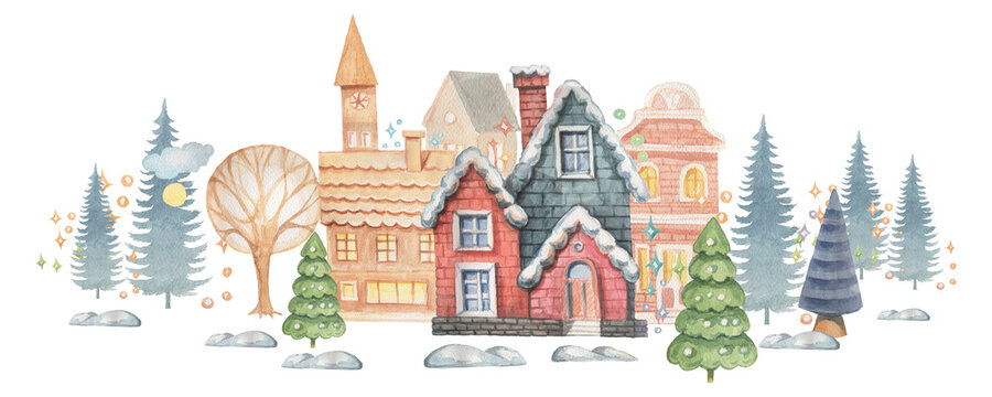 
Small houses christmas village holidays new year winter trees watercolor hand-drawn. Vacation snow print textile cute plot children's fairy tale
