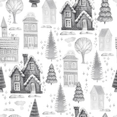 Naklejka premium Small houses christmas village holidays new year winter trees patern seamless watercolor hand-drawn. Vacation snow print textile cute plot children's fairy tale