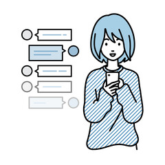 立ってスマートフォンで楽しくチャットで会話するリモートワークの女性