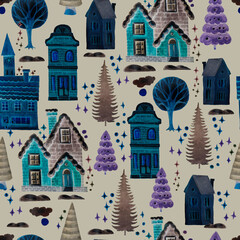 
Small houses christmas village holidays new year winter trees patern seamless watercolor hand-drawn. Vacation snow print textile cute plot children's fairy tale