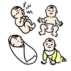 Handwritten line drawing of facial expression variations from newborn babies of cute Asian babies to about 1 year old