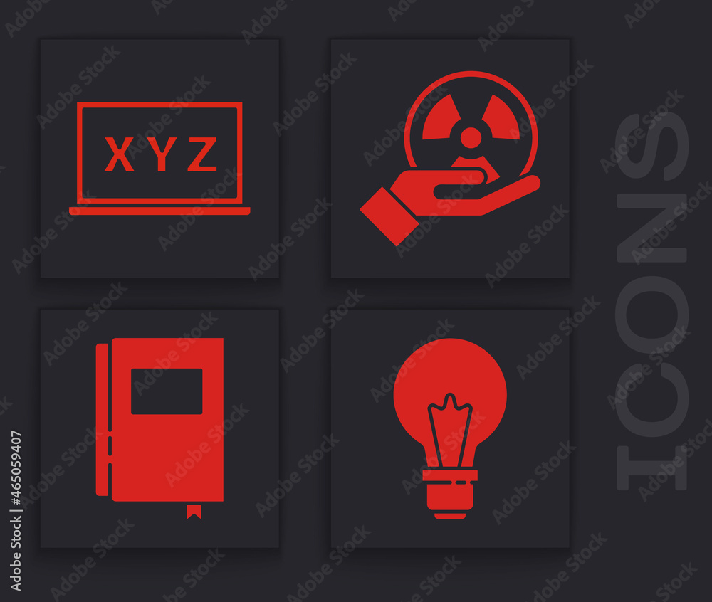 Poster set light bulb with concept of idea, xyz coordinate system, radioactive and book icon. vector