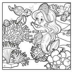 Cute little mermaid girl in coral tiara communicates with a small sea turtle outlined for coloring page on seabed with corals and algae background