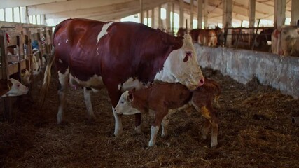 Ethical dairy farming. Suckling calf feeding from the mother cow in the stables