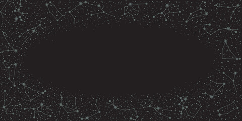 Vector zodiac constellations background with an oval copy space. Astrological celestial frame with horoscope star systems and place for text on a black backdrop © Murhena