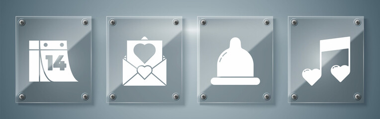 Set Music note, tone with hearts, Condom, Envelope with Valentine heart and Calendar with February 14. Square glass panels. Vector