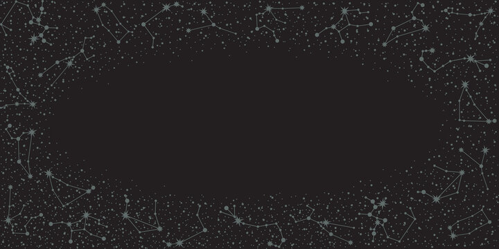 Vector zodiac constellations background with an oval copy space. Astrological celestial frame with horoscope star systems and place for text on a black backdrop