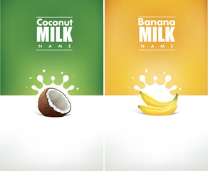 milk splash with coconut and banana fruit. Package design template