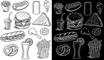 hand drawn fast food items-hamburger, fries, hotdog, coffee, cola, beer, juice, baguette, pizza, ice cream, popcorn, donut	 - 465060072