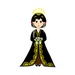Cartoon illustration of the bride wearing black traditional Javanese clothes complete with a bun, flowers and knick-knacks,