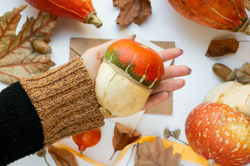 Fototapeta na wymiar pumpkin in woman's hands with fall leaves