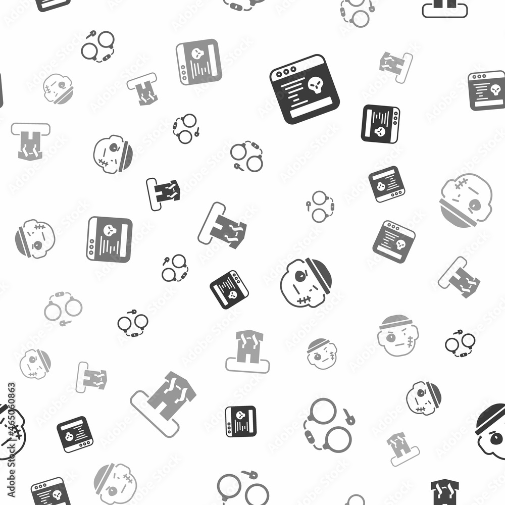 Poster set system bug, handcuffs, bandit and arson home on seamless pattern. vector