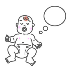 アジア人の可愛い赤ちゃんのおしゃぶりを咥える表情の白バックの線画