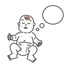 アジア人の可愛い赤ちゃんの眠る表情の白バックの線画