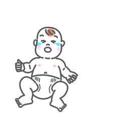 アジア人の可愛い赤ちゃんの泣く情の白バックの線画