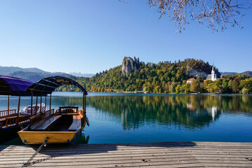 view of Lake Bled with the Bled Castle and village in autumn