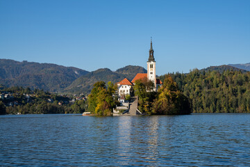 view of the St. Mary's Church and island on Lake Bled in Slovenia in late autumn