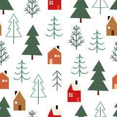 Obraz premium seamless pattern with winter houses and fir trees