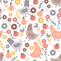 Seamless pattern with cute cartoon chicken and flowers for fabric print, textile, gift wrapping paper. colorful vector for textile, flat style