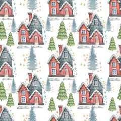 Fototapeta na wymiar Small houses christmas village holidays new year winter trees patern seamless watercolor hand-drawn. Vacation snow print textile cute plot children's fairy tale