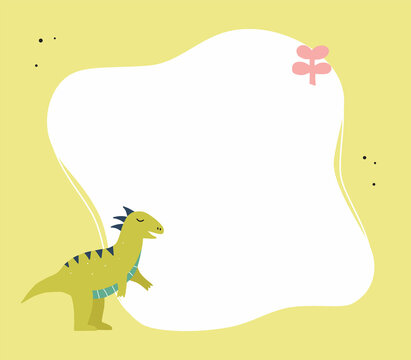 Cute hand drawn dinosaur with frame. Template for text or photo. Vector illustration.