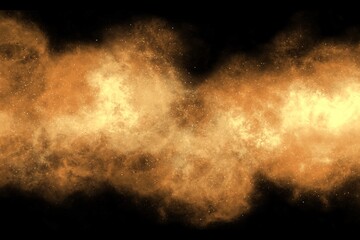 explosion of fire on black background, yellow orange clouds, fire and smoke in the dark, hot, golden color splash, dark warm light, cosmic, outer space, gold stream 