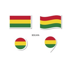 Bolivia flag logo icon set, rectangle flat icons, circular shape, marker with flags.