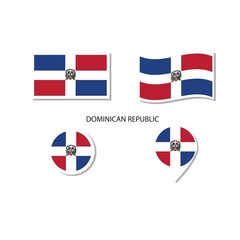 Dominican Republic flag logo icon set, rectangle flat icons, circular shape, marker with flags.