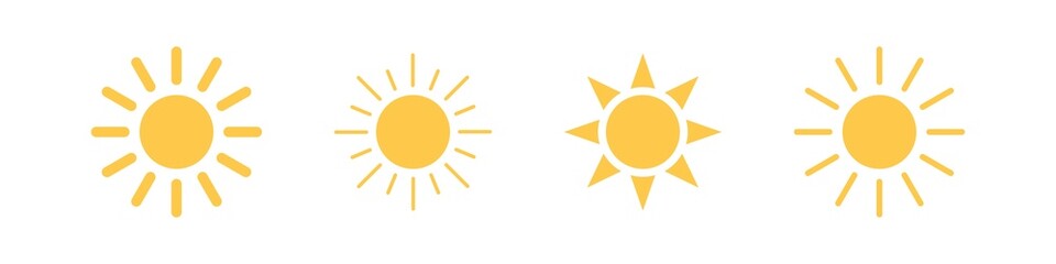 Sun icon set. Sunny symbol vector logo. Sun sign simple design isolated orange. Yellow sunbeams.