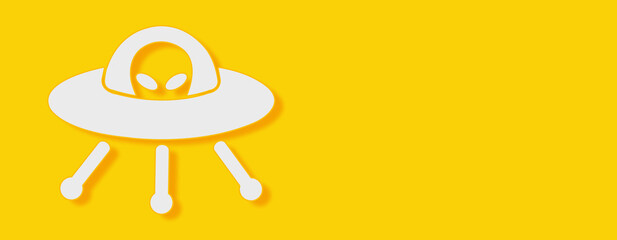Alien in spaceship Concept on yellow background. Horizontal web banner with copy space, template.