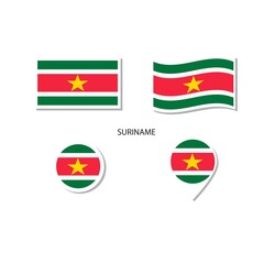 Suriname flag logo icon set, rectangle flat icons, circular shape, marker with flags.