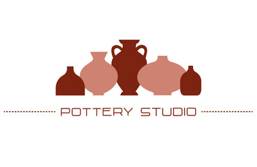 Pottery studio horizontal banner in minimal flat style. Modern antique ceramic pottery for interior design. Vector illustration	 - obrazy, fototapety, plakaty
